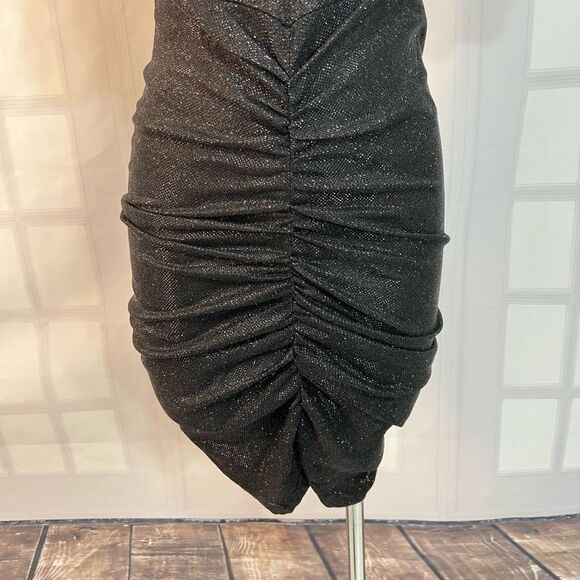 Prettylittlething Black NWT Glitter Ruched Puff Sleeve Cup Detail Bodycon Dress - Picture 5 of 13